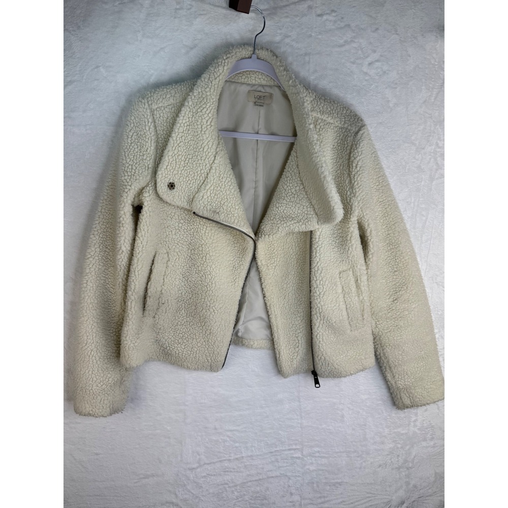 LOFT Outlet Cream Sherpa Moto Jacket Asymmetrical Zip Faux Shearling XS 485441 - Picture 10 of 11